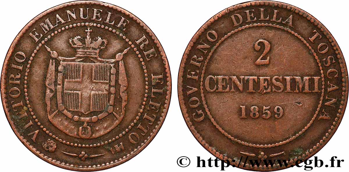 ITALIE - TOSCANE 2 Centesimi Gouvernement de la Toscane, Victor Emmanuel, armes de Savoie 1859 Birmingham TB+