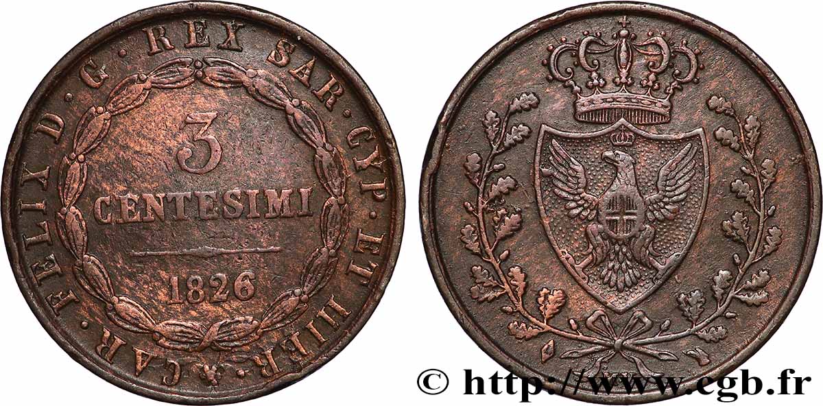 ITALY - KINGDOM OF SARDINIA 3 Centesimi type au “L” 1826 Turin XF