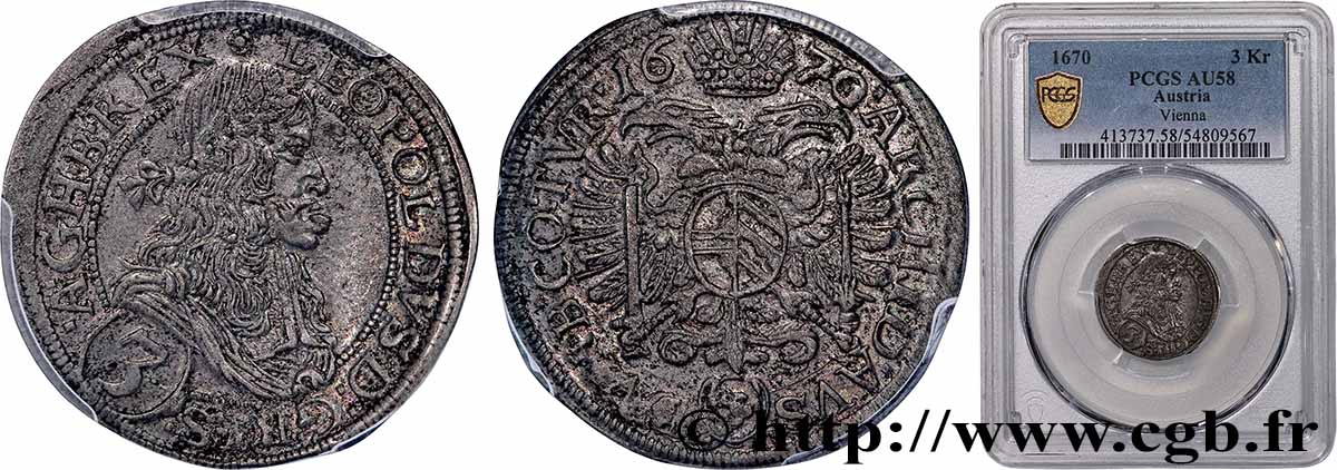 AUSTRIA 3 Kreuzer Lépopold Ier 1670 Vienne AU58 PCGS