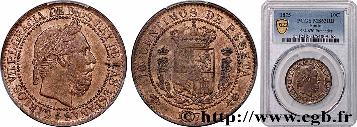 SPANIEN - KARL VII. 10 Centimos 1875 Oñate fST63 PCGS