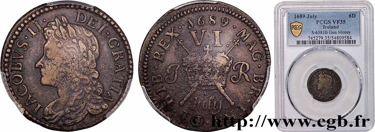 IRLANDA 6 Pence Jacques II frappée pour le mois de juillet 1689 MB35 PCGS