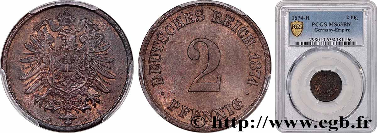 GERMANY 2 Pfennig aigle impérial héraldique 1874
Darmstadt MS63 PCGS