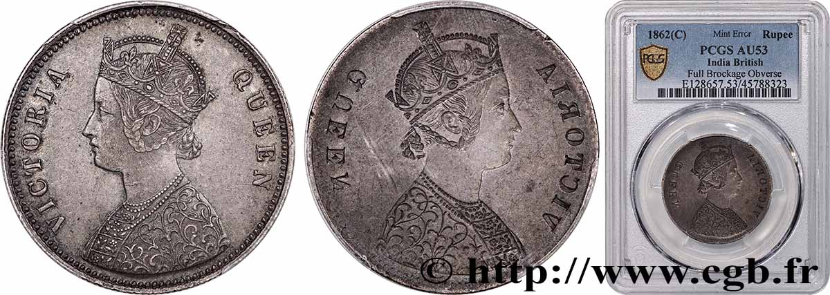 INDES BRITANNIQUES 1 Roupie Victoria, frappe incuse 1862 Calcutta TTB53 PCGS