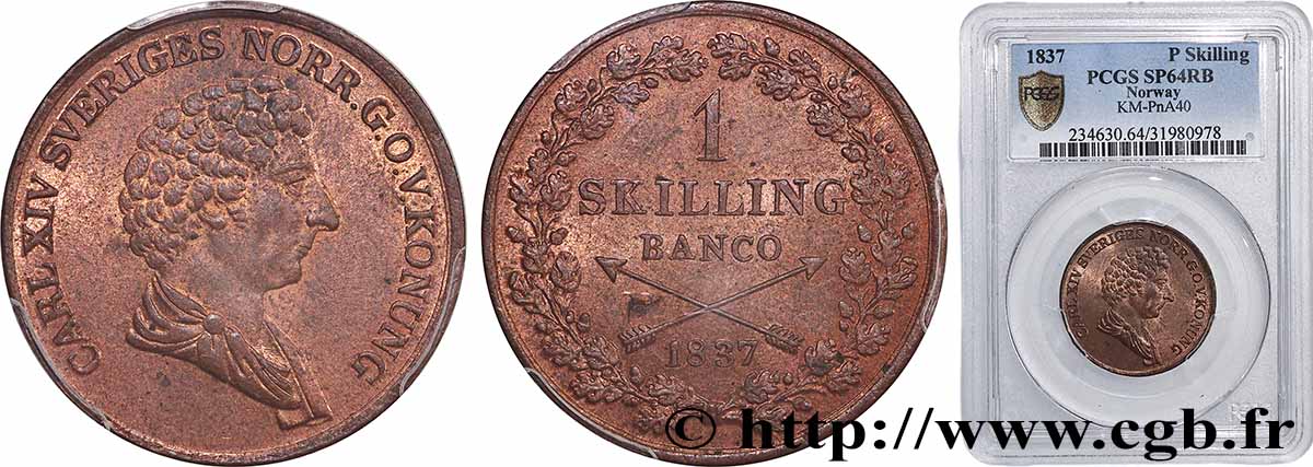 SWEDEN - KINGDOM OF SWEDEN - CHARLES XIV JOHN BERNADOTTE Essai 1 Skilling Banco 1837 MS64 PCGS
