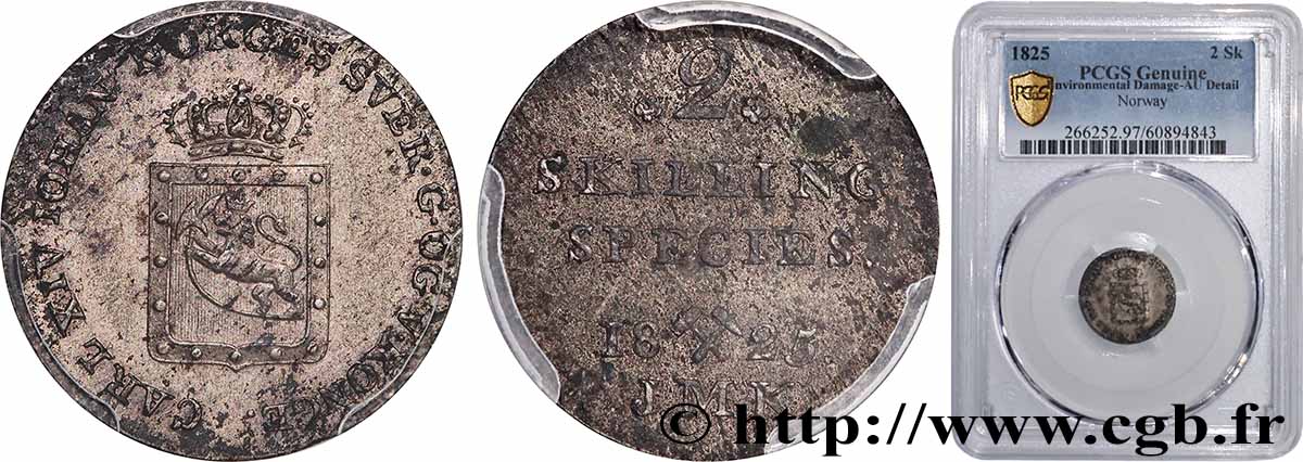 KINGDOM OF NORWAY - CHARLES XIV JEAN BERNADOTTE 2 Skilling 1825 Kongsberg AU PCGS