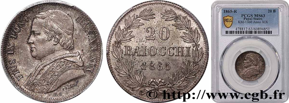 ITALIE - ÉTATS DU PAPE - PIE IX (Jean-Marie Mastai Ferretti) 20 Baiocchi an XX 1865 Rome SPL63 PCGS