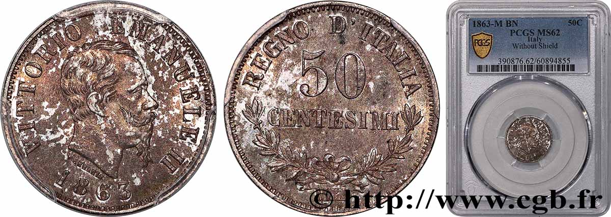 ITALIE - ROYAUME D ITALIE - VICTOR-EMMANUEL II 50 Centesimi 1863 Milan SUP62 PCGS