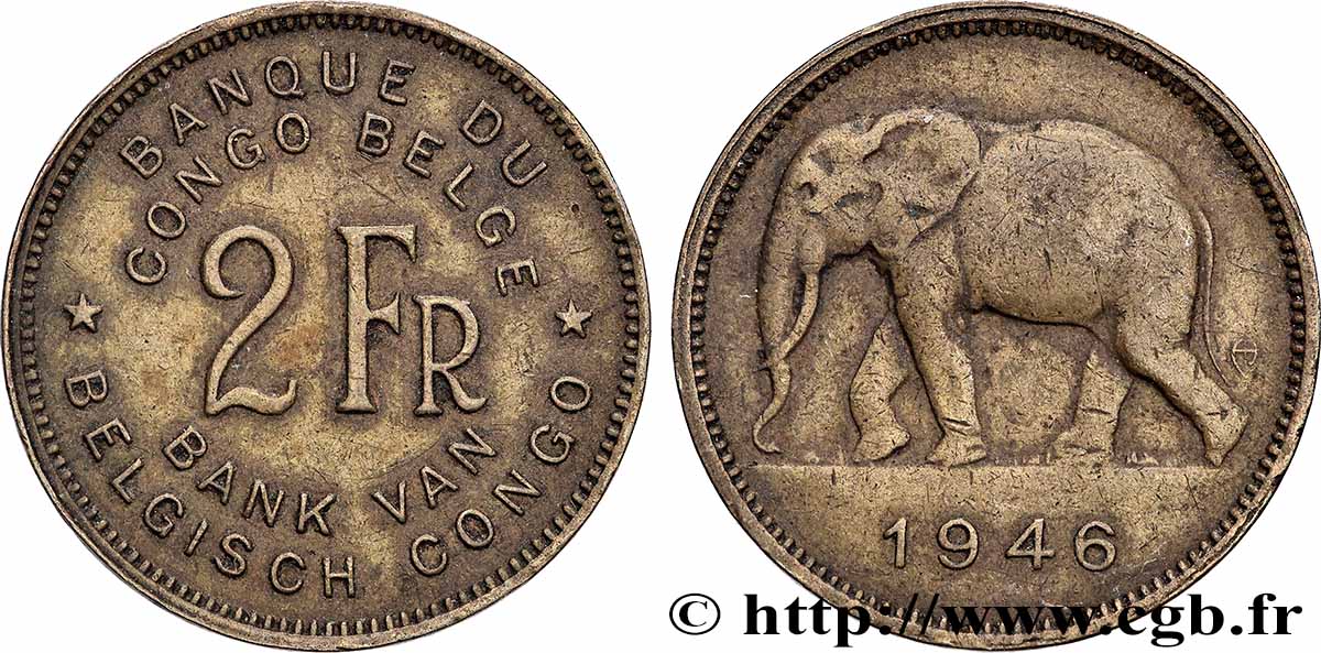 BELGIAN CONGO 2 Francs éléphant 1946 Bruxelles XF