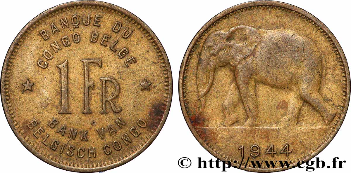 CONGO BELGA 1 Franc éléphant 1944 Bruxelles BB