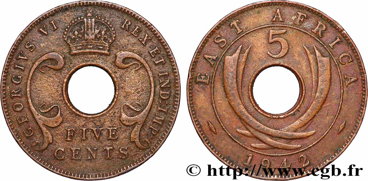 AFRICA DI L EST BRITANNICA 5 Cents Georges VI 1942 Londres q.BB