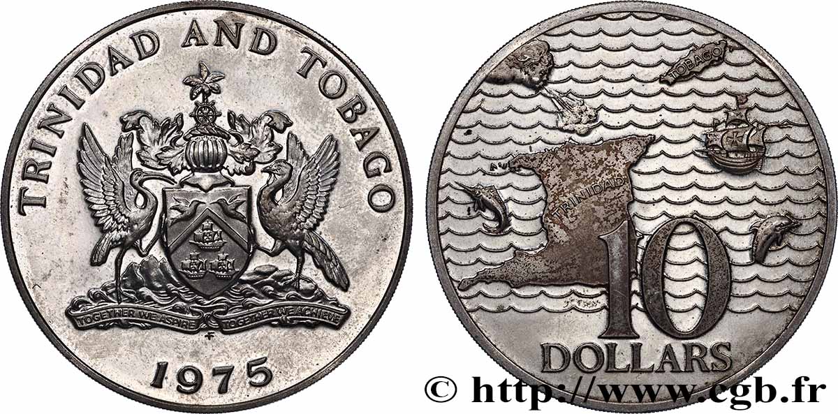 TRINIDAD and TOBAGO 10 Dollar Proof 1975 Franklin Mint AU