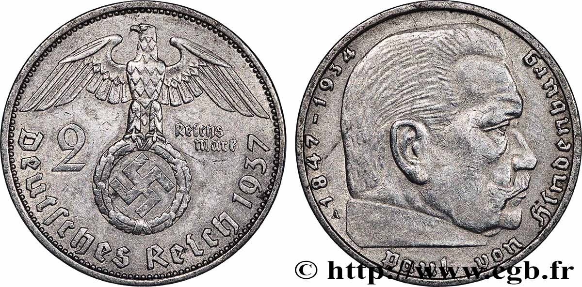 DEUTSCHLAND 2 Reichsmark Maréchal Paul von Hindenburg 1937 Berlin fVZ