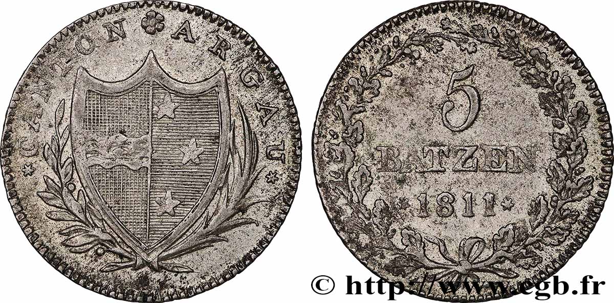 SUISSE - CANTON D ARGOVIE (AARGAU) 5 batzen, 1er type 1811 MBC