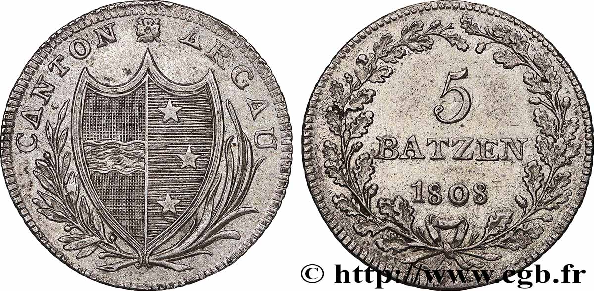 SUISSE - CANTON D ARGOVIE (AARGAU) 5 Batzen 1808 MBC+