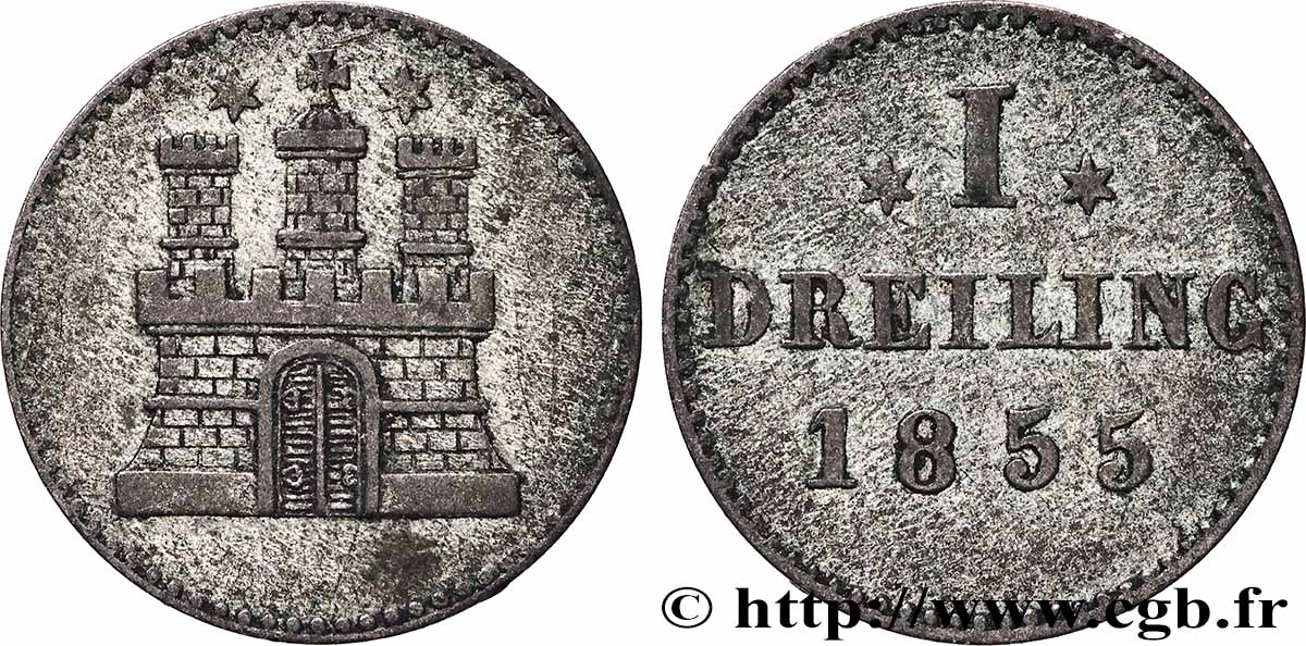 ALLEMAGNE - VILLE LIBRE DE HAMBOURG 1 Dreiling Ville de Hambourg emblème 1855 Hambourg TTB