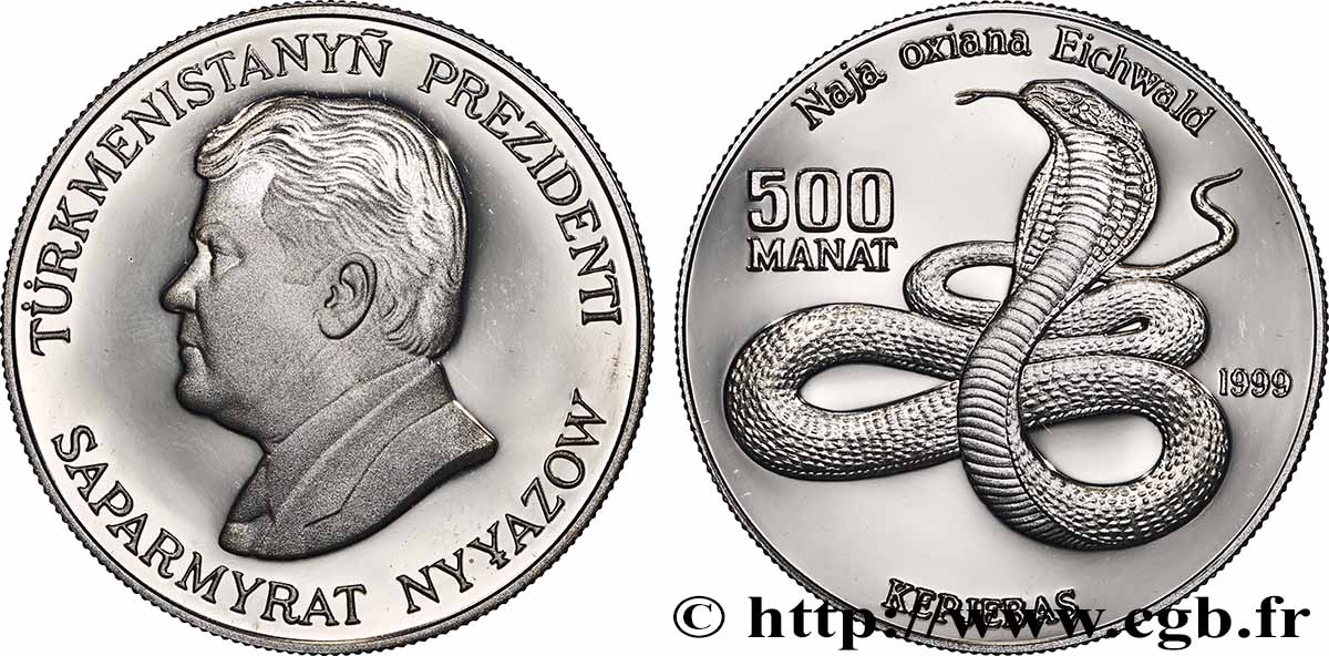 TURKMENISTAN 500 Manat Proof Serpent Naja oxiana 1999 Llantrisant MS
