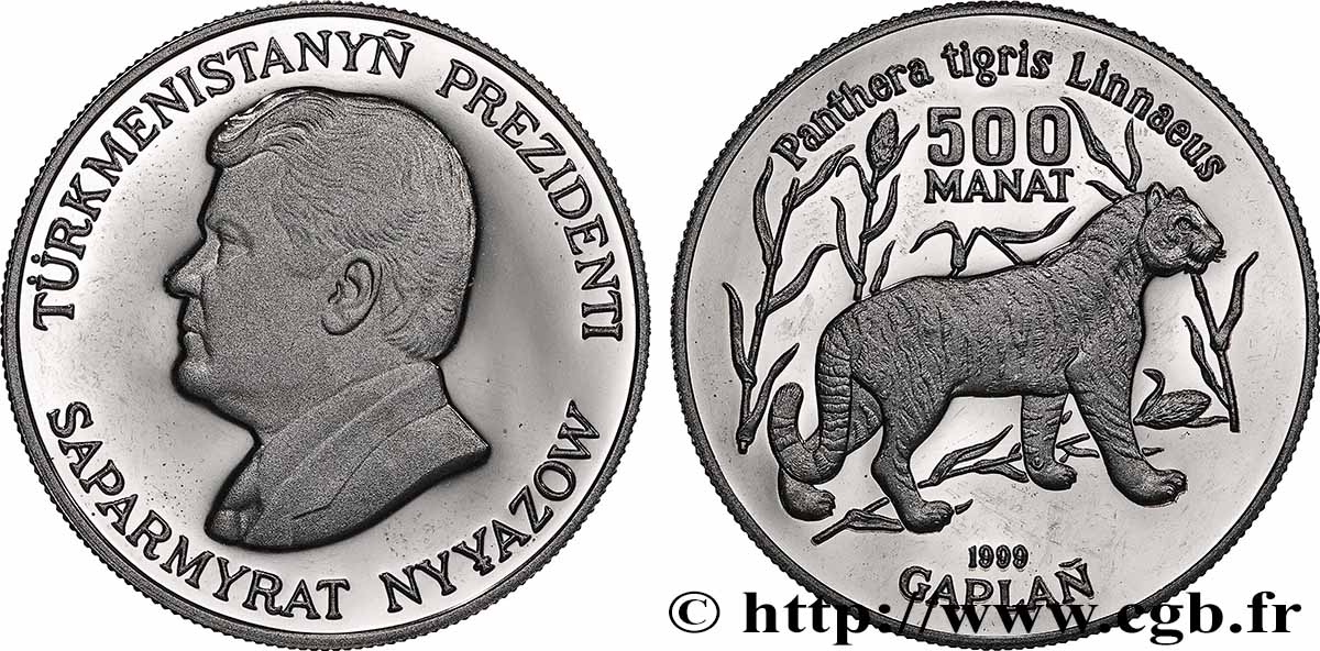 TURKMENISTAN 500 Manat Proof Tigre de la Caspienne 1999 Llantrisant MS