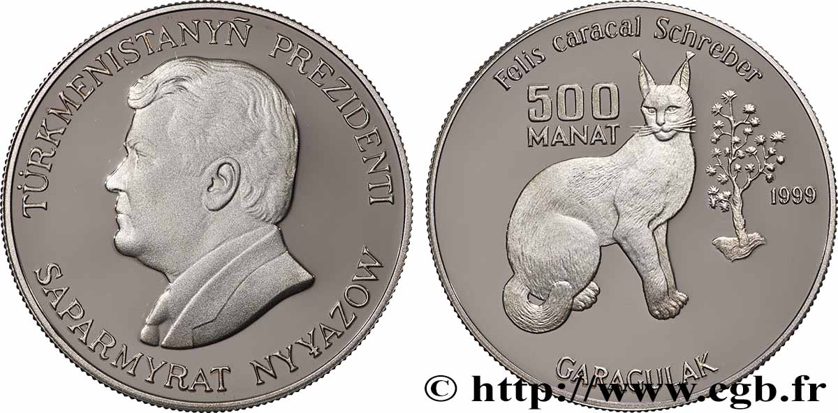 TURKMÉNISTAN 500 Manat Proof Caracal 1999 Llantrisant SPL