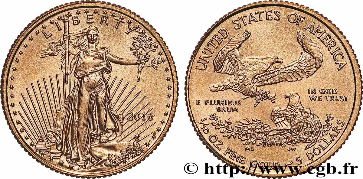 GOLD, PALLADIUM & PLATINUM INVESTMENT 1/10 once ou 5 Dollars 2016 Philadelphie MS