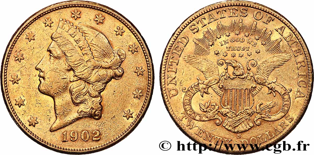 OR, PALLADIUM ET PLATINE INVESTISSEMENT 20 Dollars Liberty 1902 San Francisco TTB/TTB+