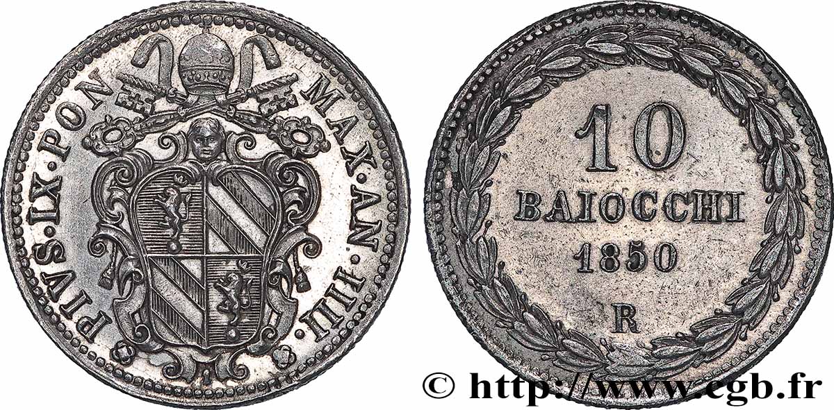 ITALIA - STATO PONTIFICIO - PIE IX (Giovanni Maria Mastai Ferretti) 10 Baiocchi an IIII 1850 Rome SPL