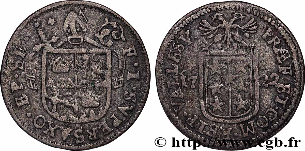 SCHWEIZ - KANTON WALLIS 1 Batzen canton du Valais (Sitten) frappe au nom de l’évêque François-Joseph Supersaxo 1722 SS