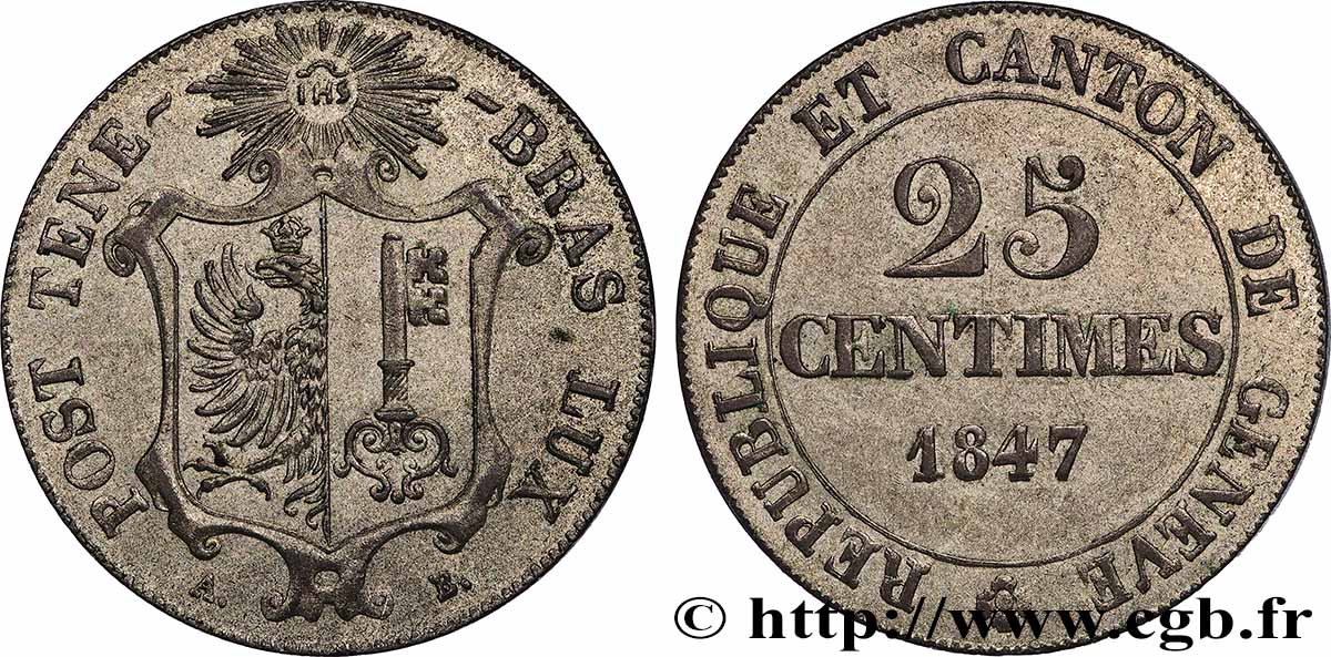 SCHWEIZ - REPUBLIK GENF 25 Centimes 1847 fVZ
