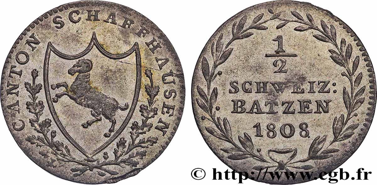 SUISSE - CONFÉDÉRATION HELVÉTIQUE - CANTON DE SCHAFFHAUSEN 1/2 Batzen 1808 SUP