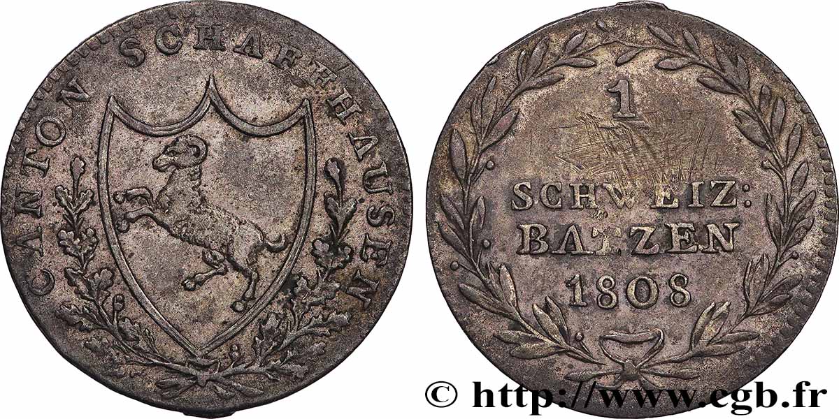 SUISSE - CONFÉDÉRATION HELVÉTIQUE - CANTON DE SCHAFFHAUSEN 1/2 Batzen 1808 TTB+