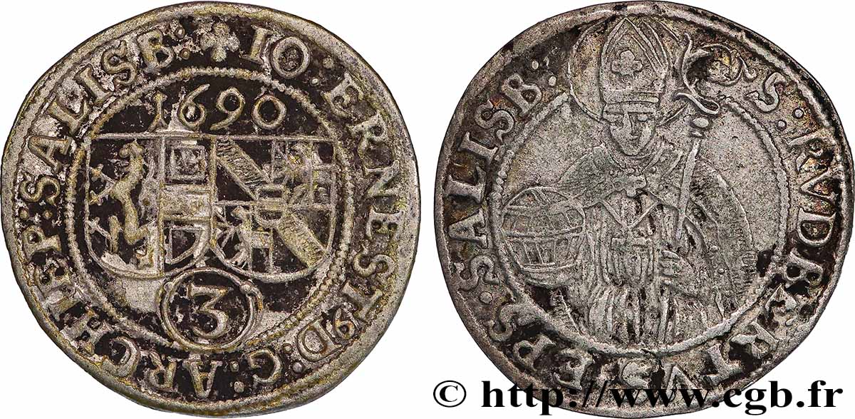AUTRICHE - SALZBOURG 3 Kreuzer frappé au nom de l’archevêque Jean Ernest 1690 TTB+