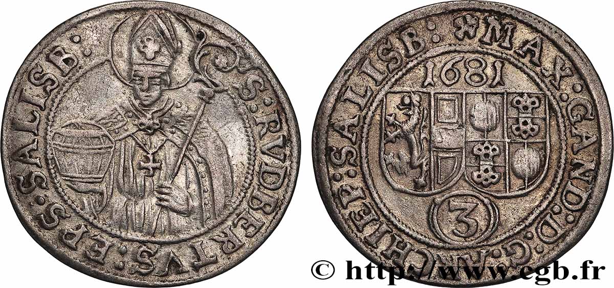 AUTRICHE - ARCHEVÊCHÉ DE SALZBOURG - MAXIMILIEN GANDOLPHE COMTE DE KÜENBURG 3 kreuzers 1681 Salzbourg TTB+