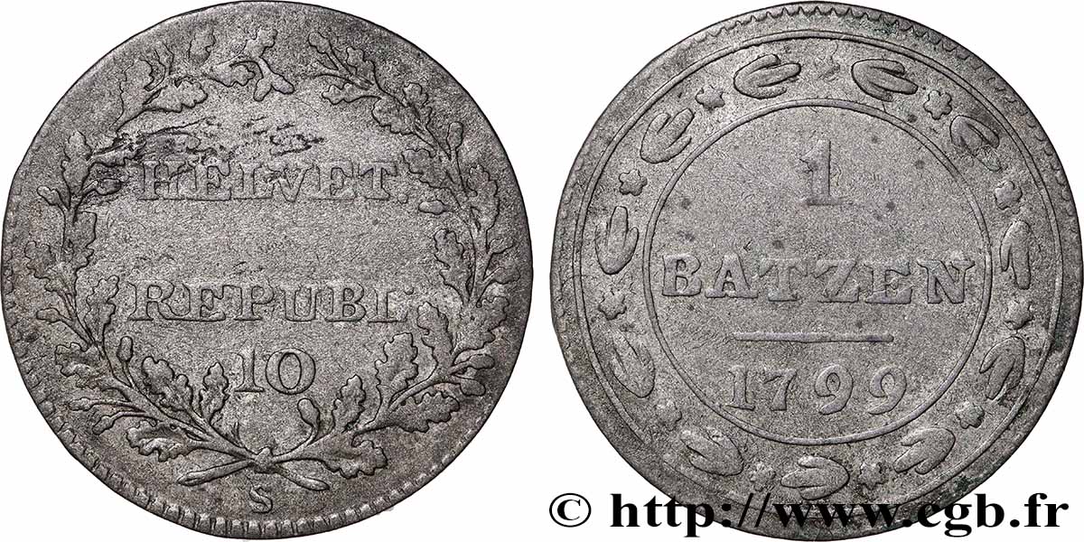 SWITZERLAND - HELVETIC REPUBLIC 1 Batzen (10 Rappen) République Helvétique 1799 VF