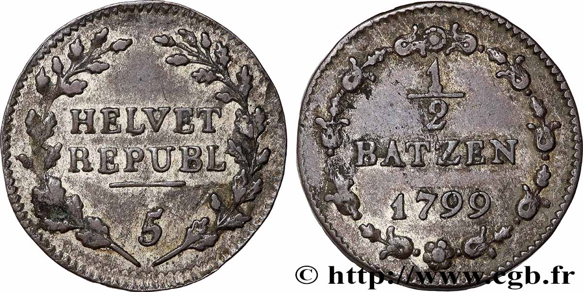 SUISSE - RÉPUBLIQUE HELVÉTIQUE 1/2 Batzen 1799 Berne TTB+