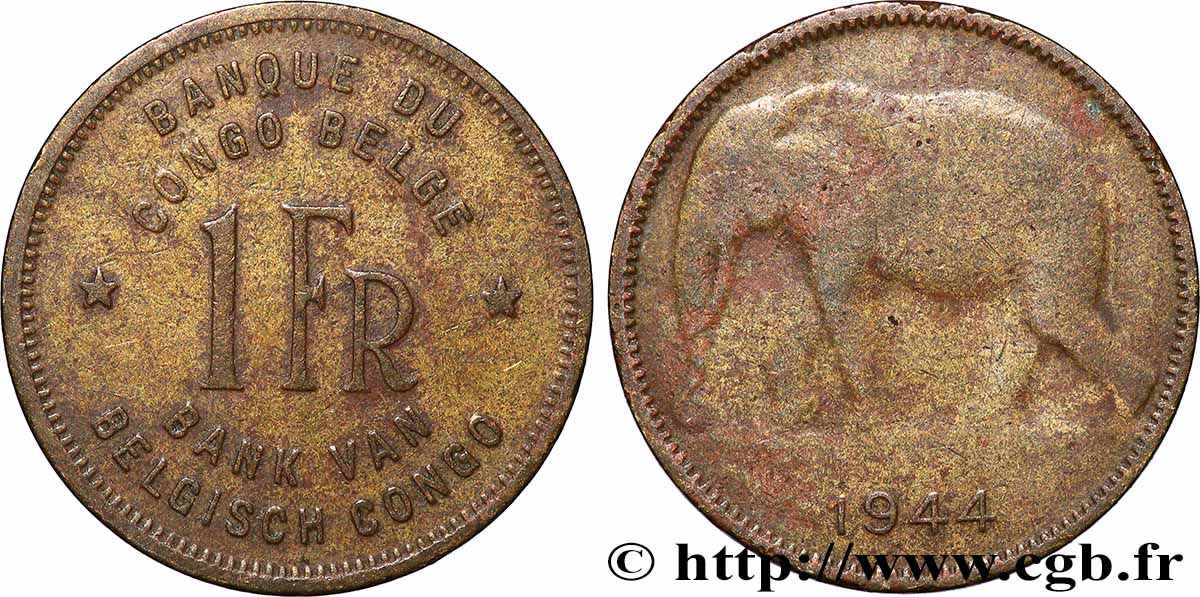 CONGO BELGE 1 Franc éléphant 1944 Pretoria TB