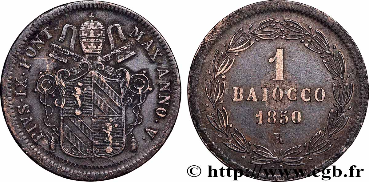 VATICAN ET ÉTATS PONTIFICAUX 1 Baiocco Pie IX an v 1850 Rome TTB