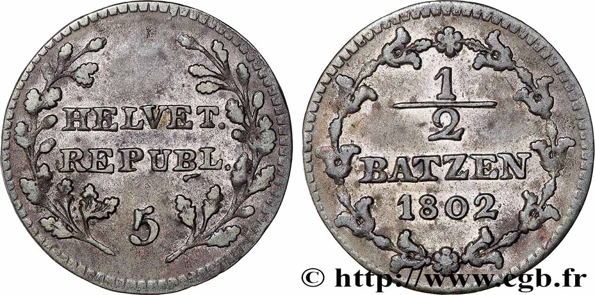 SUISSE - RÉPUBLIQUE HELVÉTIQUE 1/2 Batzen (5 Rappen) République Helvétique 1802 Berne - B TTB+