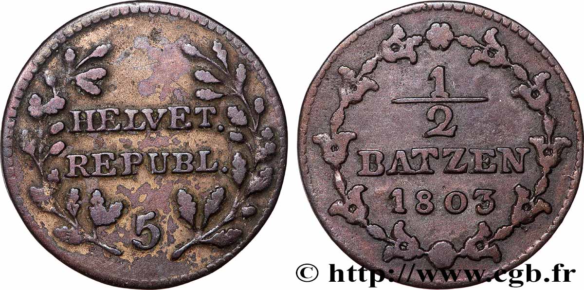 SVIZZERA - REPPUBLICA ELVETICA 1/2 Batzen (5 Rappen) République Helvétique 1803 Berne - B BB