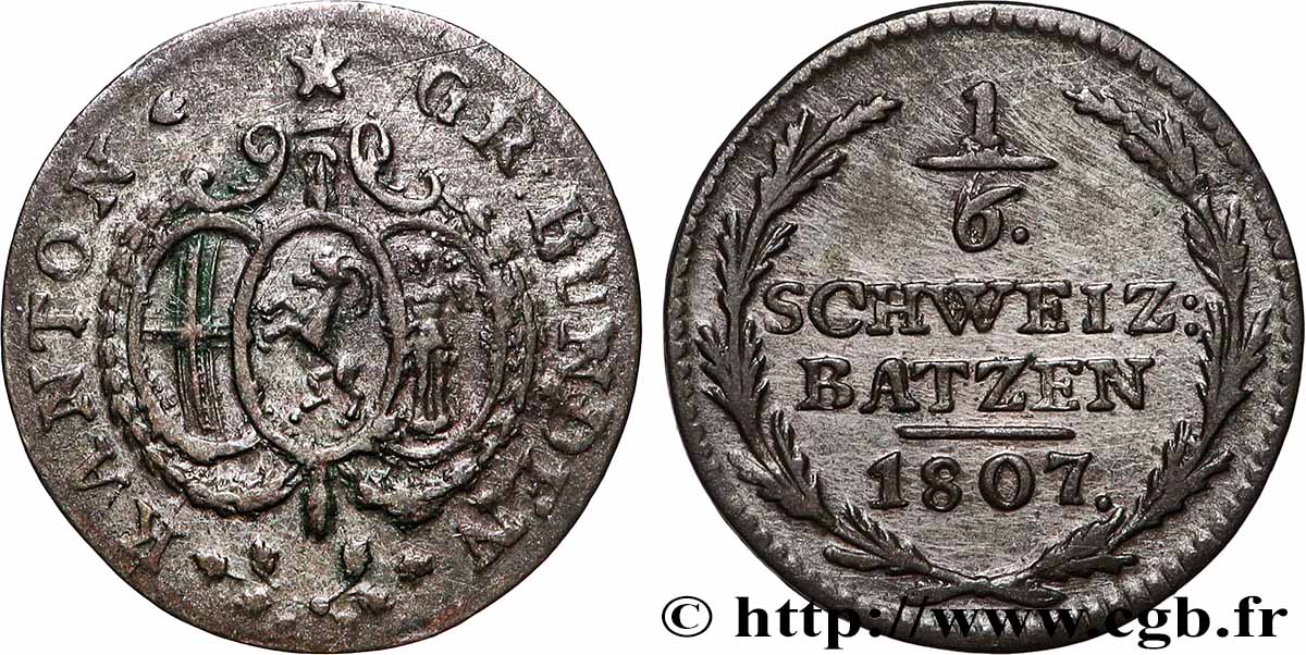 SUISSE - CONFÉDÉRATION HELVÉTIQUE - CANTON DES GRISONS 1/6 Batzen 1807 TTB+