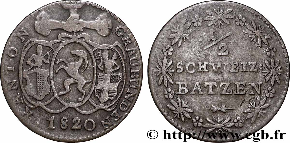 SUISSE - CONFÉDÉRATION HELVÉTIQUE - CANTON DES GRISONS 1/2 Batzen 1842 TTB