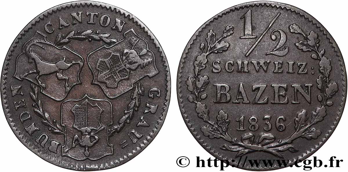 SUIZA - CANTÓN DE LOS GRISONES 1/2 Batzen 1836 MBC+