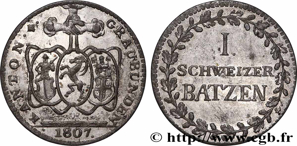 SUISSE - CONFÉDÉRATION HELVÉTIQUE - CANTON DES GRISONS 1 Batzen 1807 SUP
