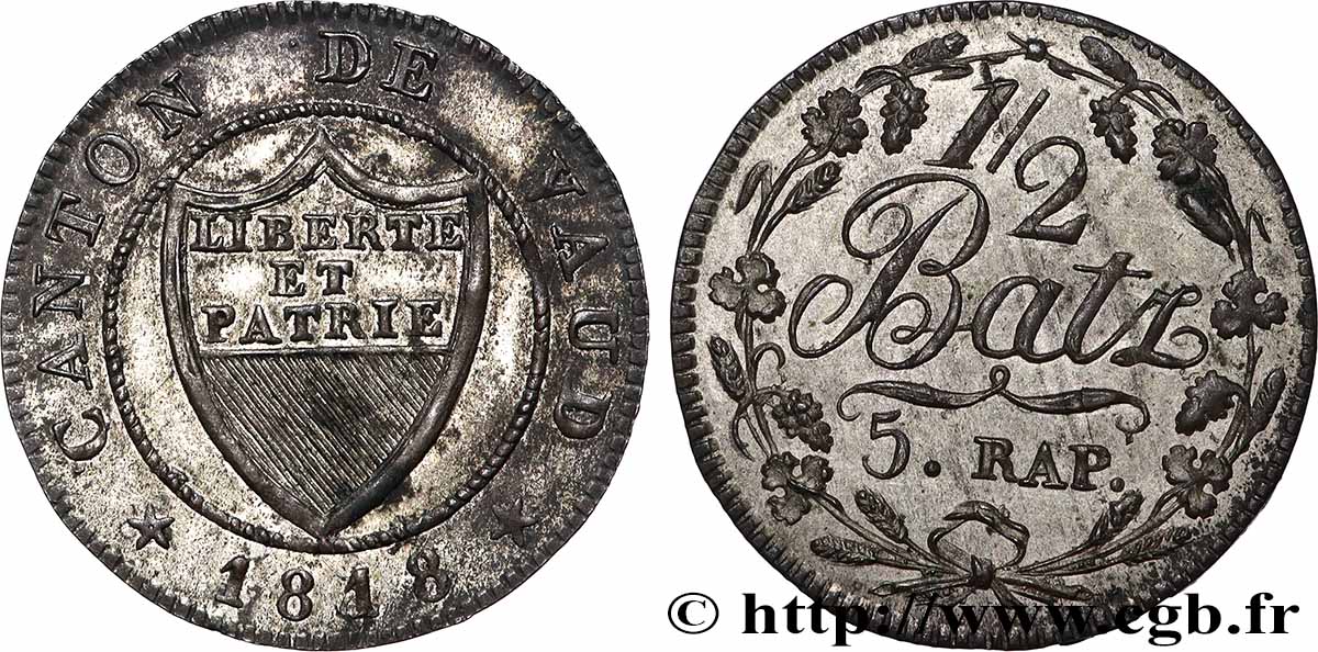 SCHWEIZ - KANTON WAADT 1/2 Batzen - 5 Rappen 1818 VZ