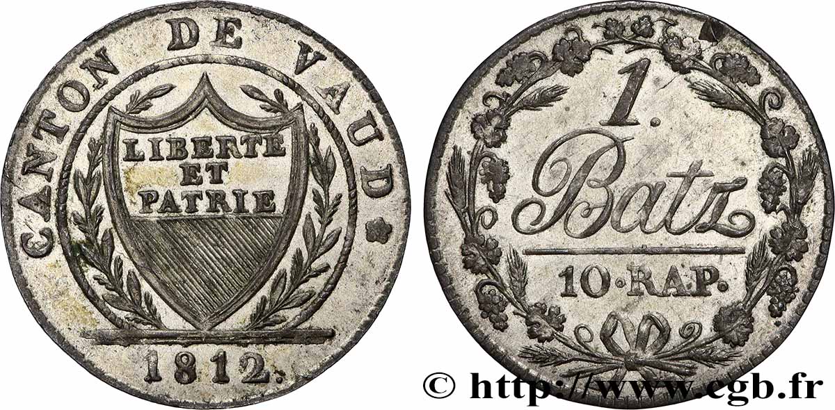 SUISSE - CANTON DE VAUD 1 Batz 10 Rappen 1812 TTB+