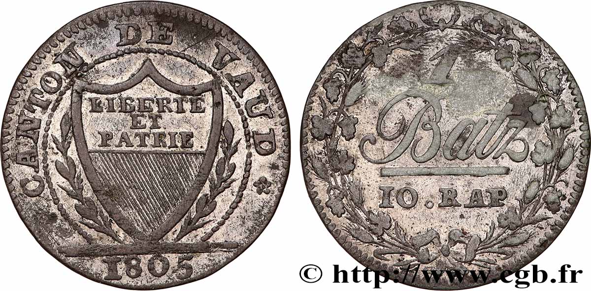 SUISSE - CANTON DE VAUD 1 Batzen 1805 Lausanne TTB+
