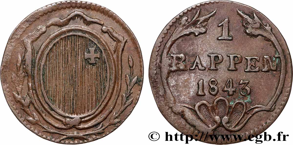 SUISSE - CONFÉDÉRATION HELVÉTIQUE - CANTON DE SCHWYTZ 1 Rappen 1843 TTB