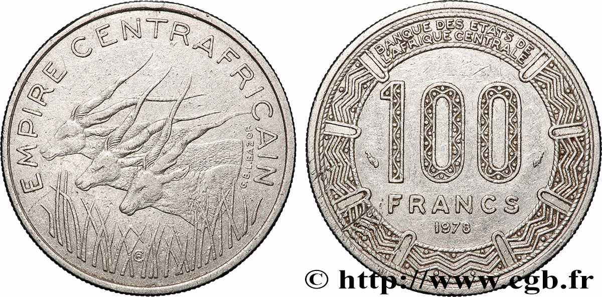 CENTRAL AFRICAN REPUBLIC 100 Francs “Empire Centrafricain” antilopes 1978 Paris XF