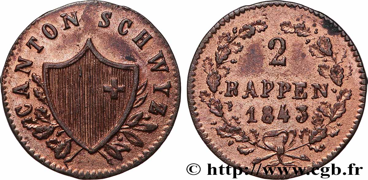 SUISSE - CONFÉDÉRATION HELVÉTIQUE - CANTON DE SCHWYTZ 2 Rappen 1843 TTB+