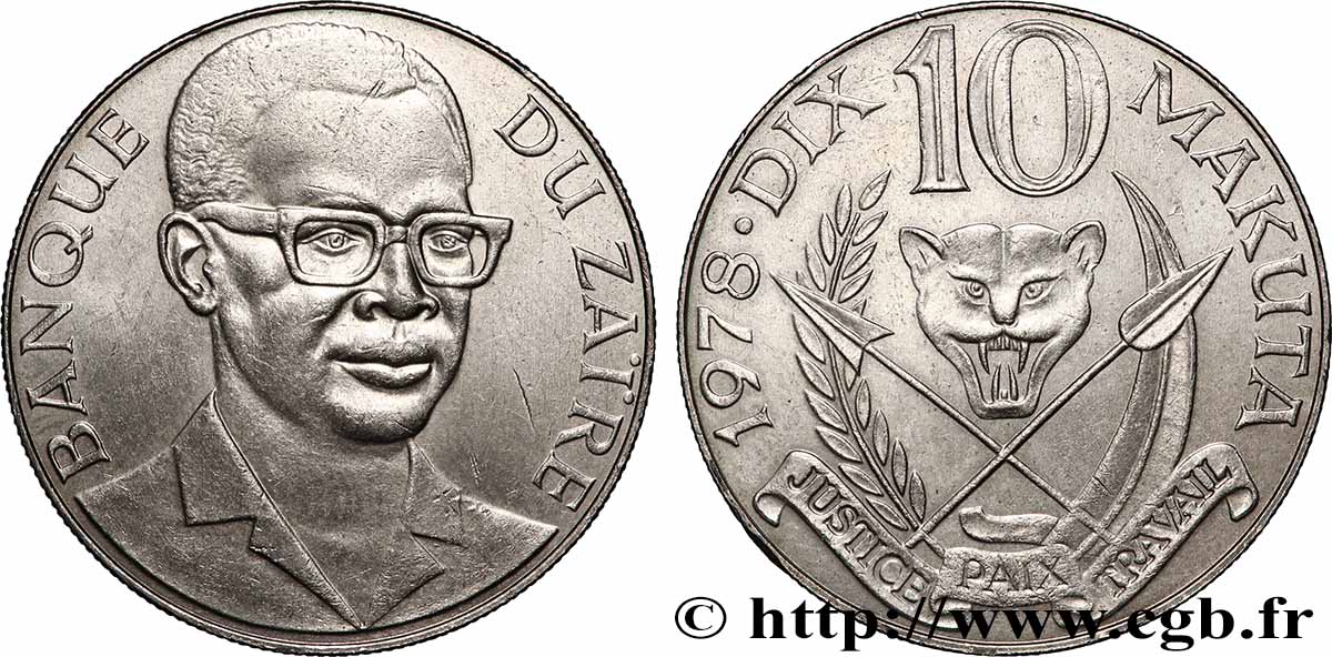 ZAÏRE 10 Makuta Maréchal Mobutu 1978 SUP