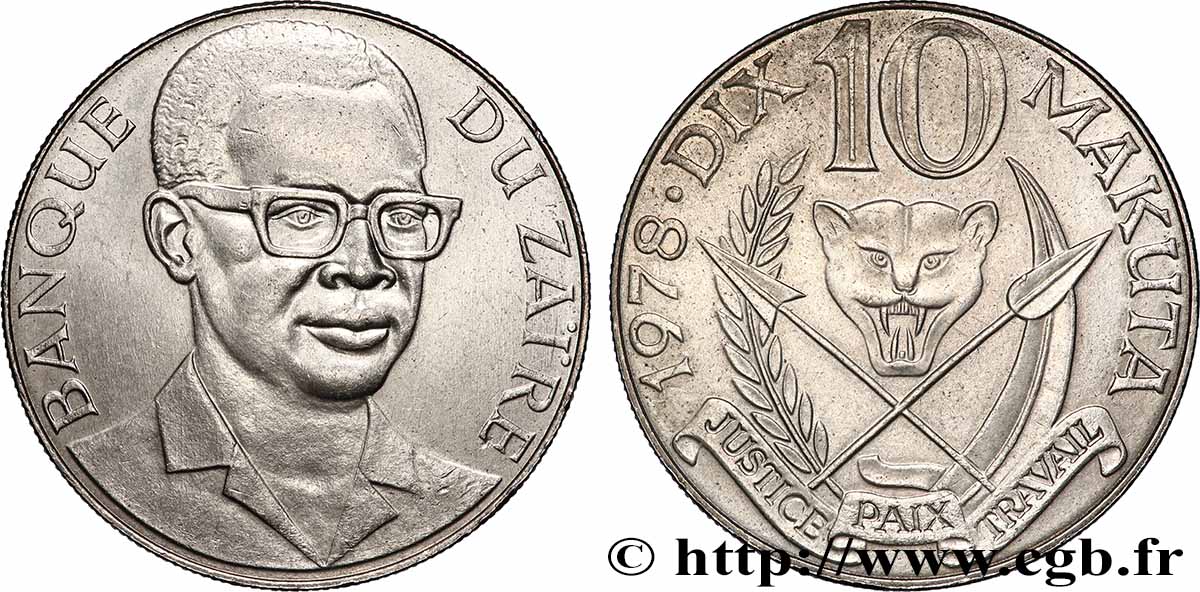 ZAÏRE 10 Makuta Maréchal Mobutu 1978 SUP