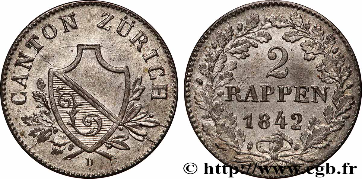 SUISSE - CANTON DE ZÜRICH 2 Rappen 1842 SUP